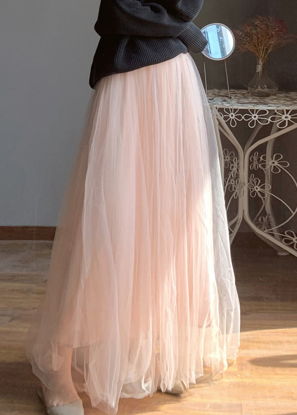 Loose Pink Elastic Waist Tulle Maxi Skirts