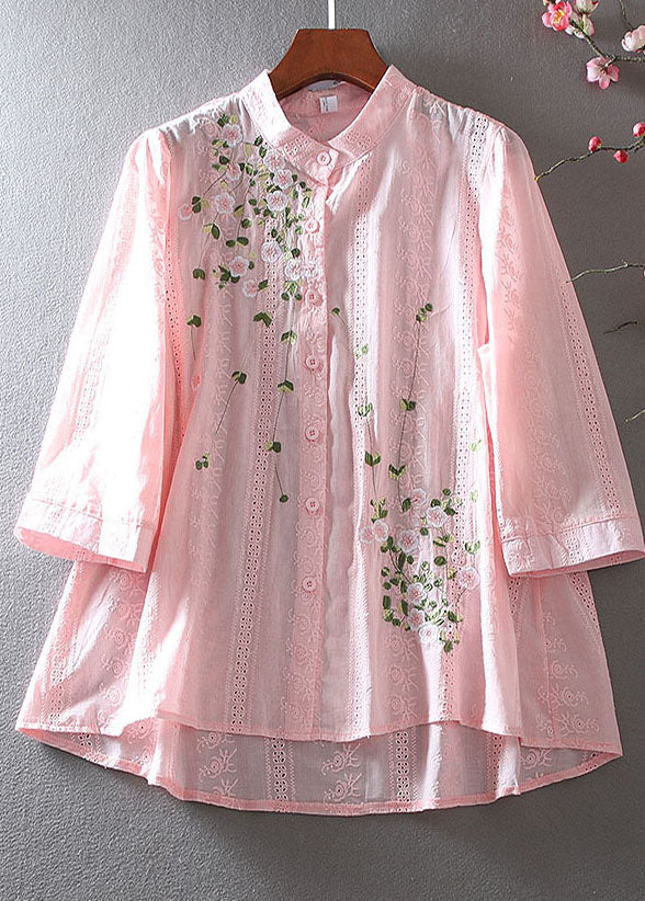 Loose Pink Embroidered Cotton Blouse Top Spring