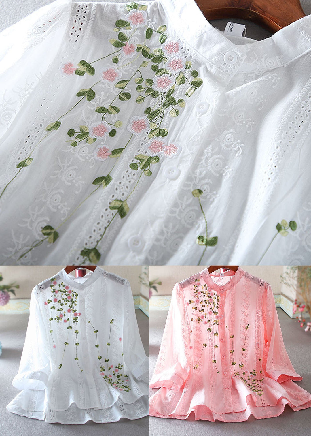 Loose Pink Embroidered Cotton Blouse Top Spring