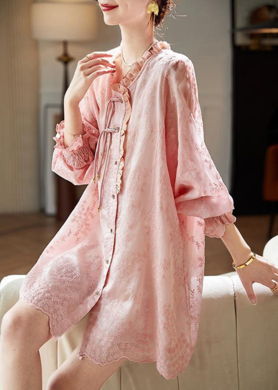 Loose Pink Embroidered Ruffled Button Cotton Shirts Dress Butterfly Sleeve