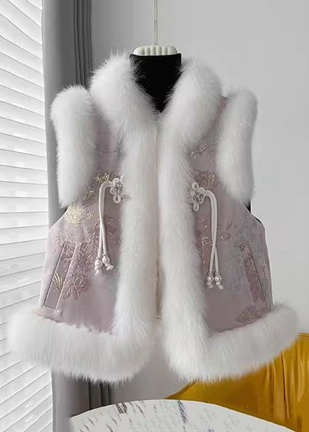 Loose Pink Fur Collar Patchwork Cotton Filled Waistcoat Sleeveless