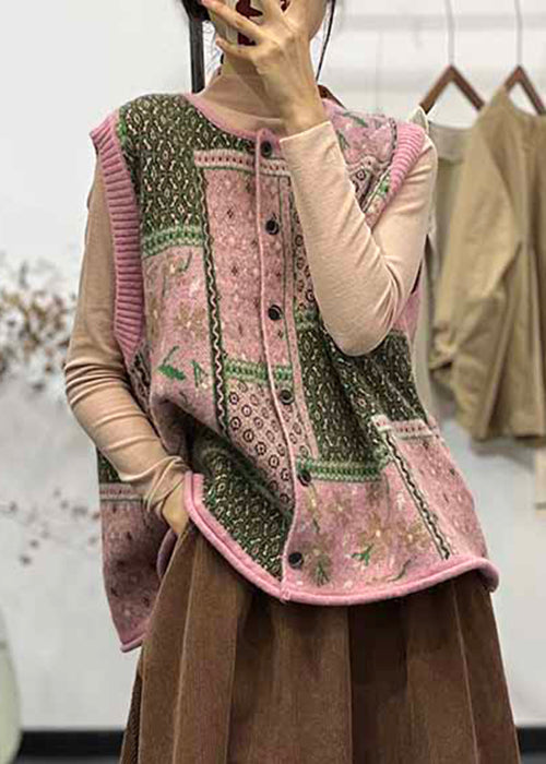 Loose Pink O Neck Button Cotton Knit Waistcoat Sleeveless