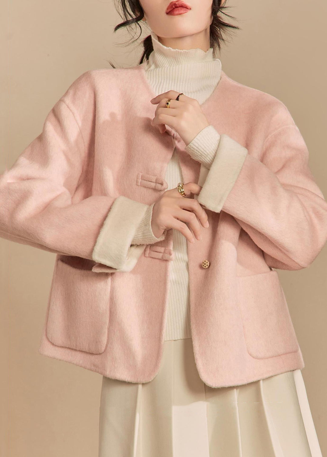 Loose Pink O Neck Button Pockets Woolen Coat Winter