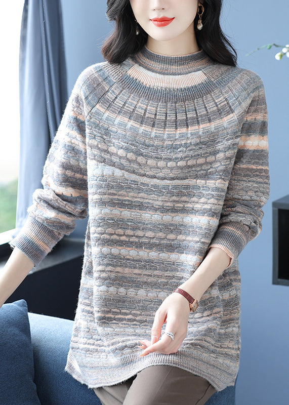 Loose Pink O Neck Jacquard Woolen Sweater Dress Winter