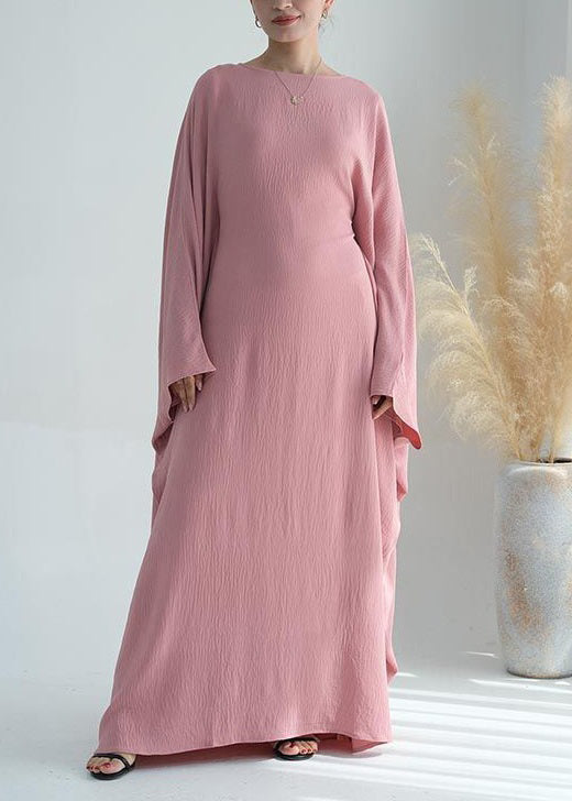 Loose Pink O Neck Solid Ice Silk Maxi Dresses Batwing Sleeve