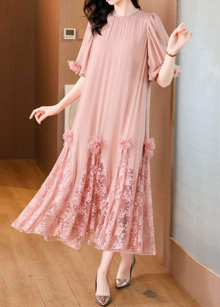 Loose Pink Pearl Button Lace Patchwork Long Dress Summer