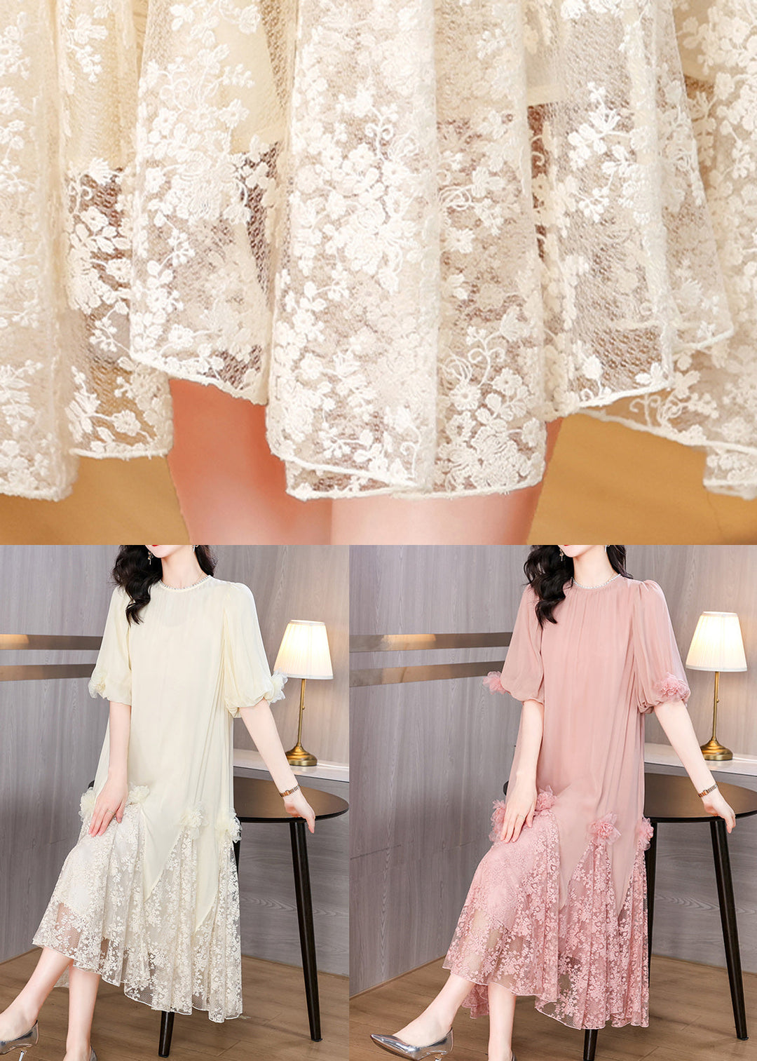 Loose Pink Pearl Button Lace Patchwork Long Dress Summer