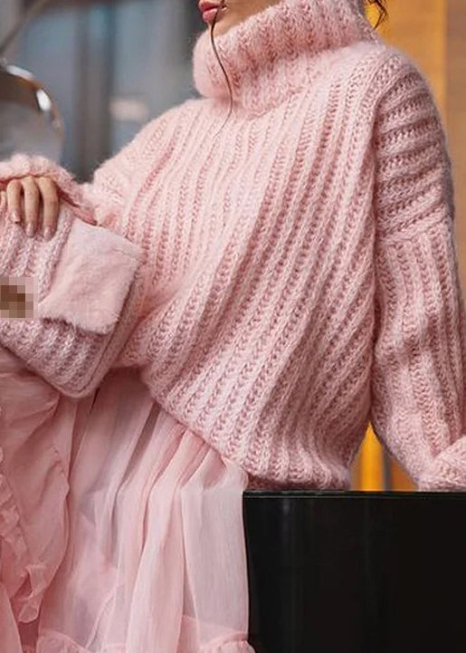 Loose Pink Turtleneck Solid Knit Sweaters Spring