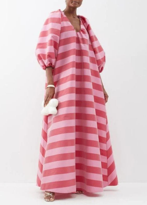 Loose Pink V Neck Striped Puff Sleeve Cotton Ankle Dress