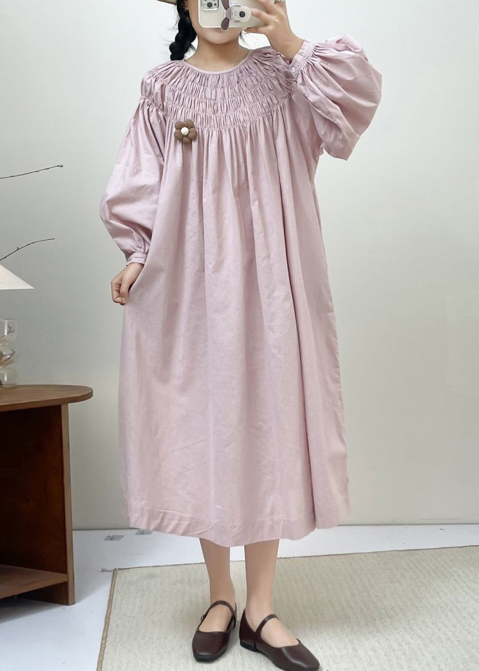 Loose Pink Wrinkled Pockets Cotton Dress Spring