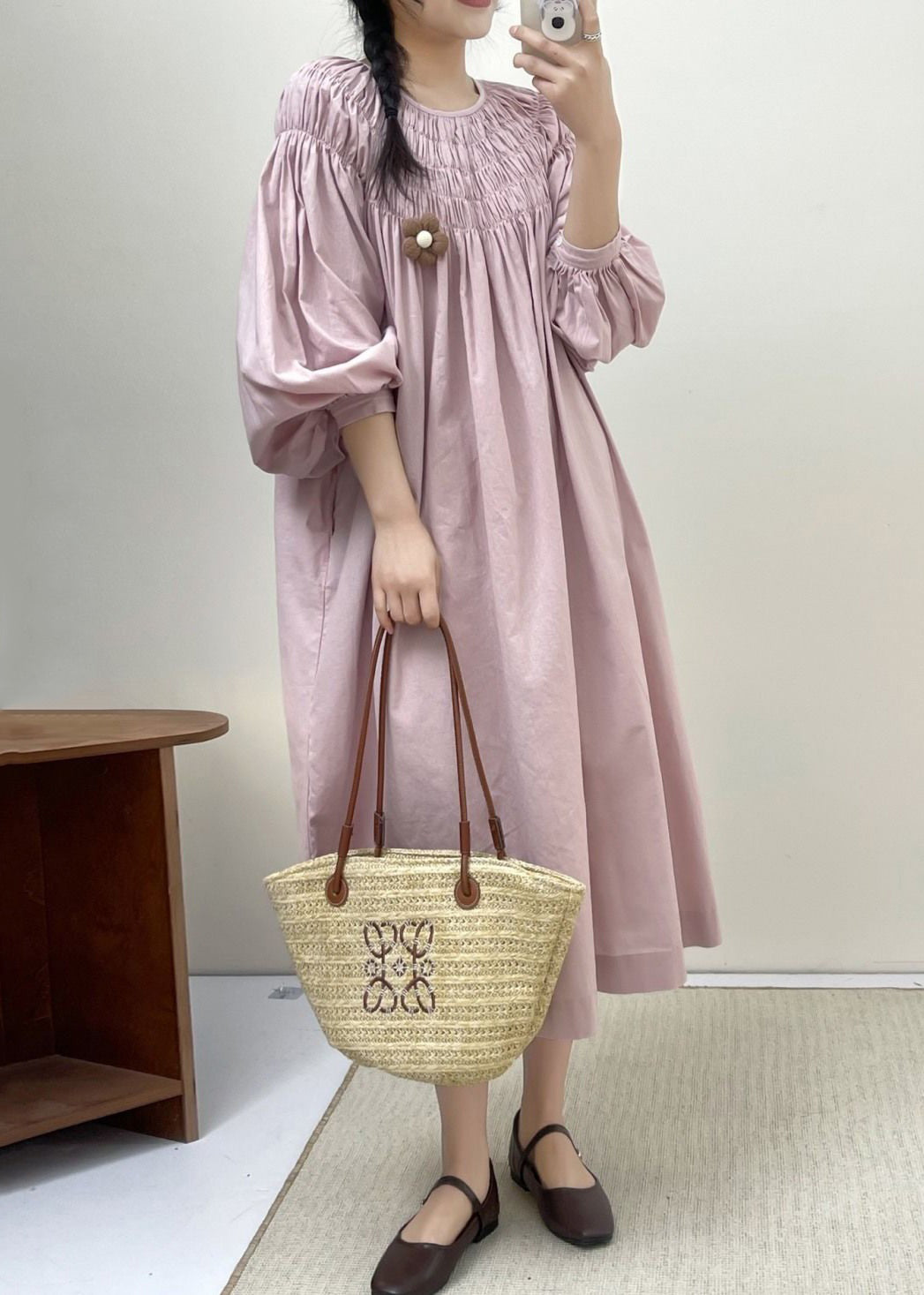 Loose Pink Wrinkled Pockets Cotton Dress Spring