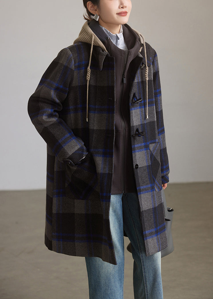 Loose Plaid Hooded Button Pockets Woolen Coats Spring