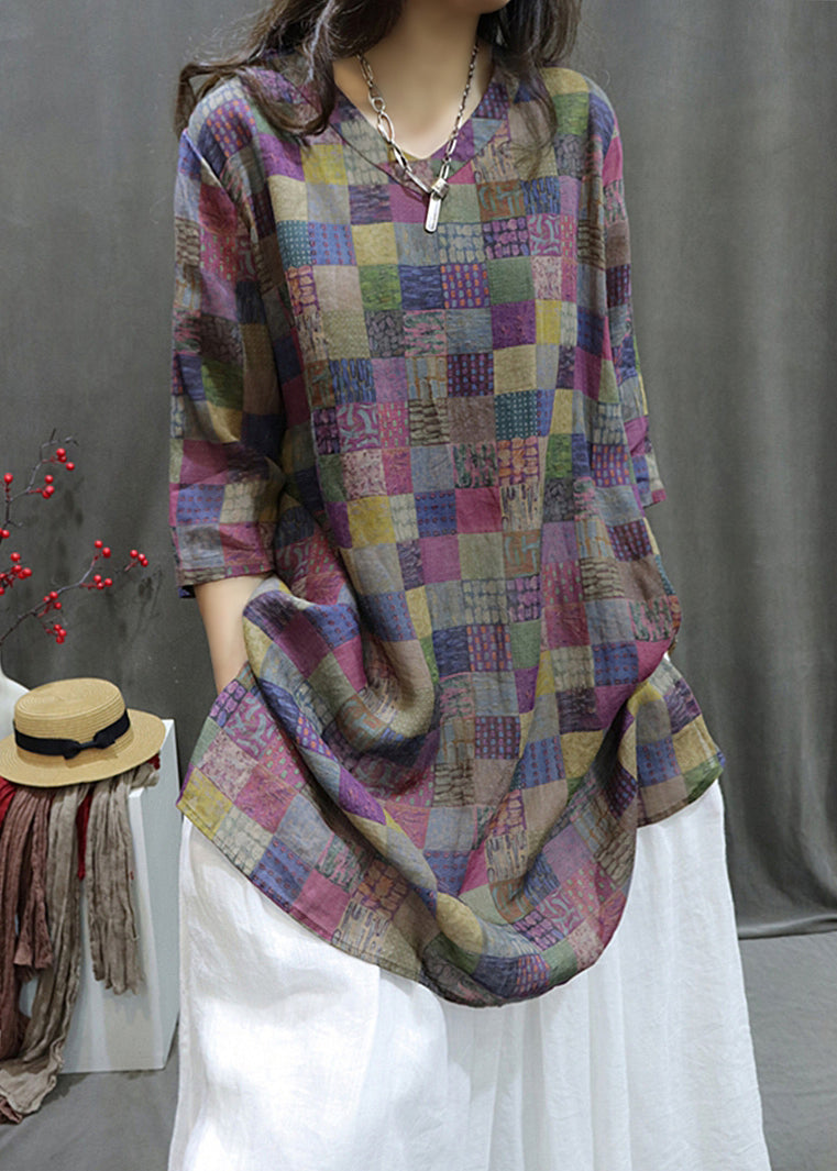 Loose Plaid V Neck Print Linen Shirt Half Sleeve