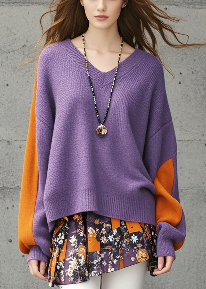 Loose Purple Asymmetrical Patchwork Knit Sweater Fall