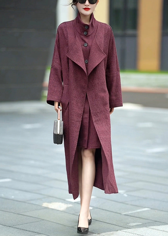 Loose Purple Button False Two Pieces Cotton Long Trench Coat Winter