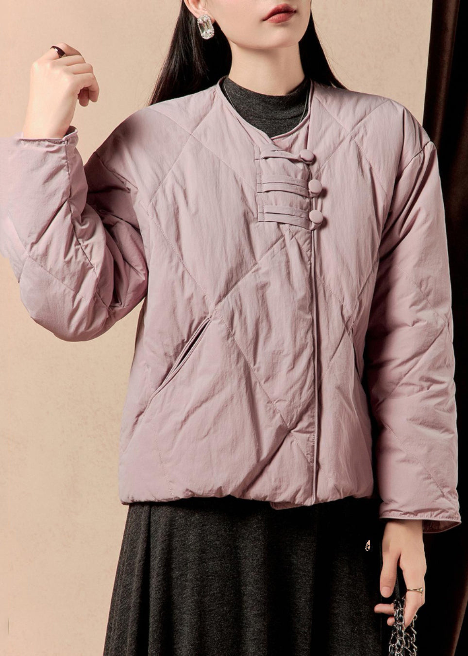 Loose Purple Button Pockets Solid Parka Winter