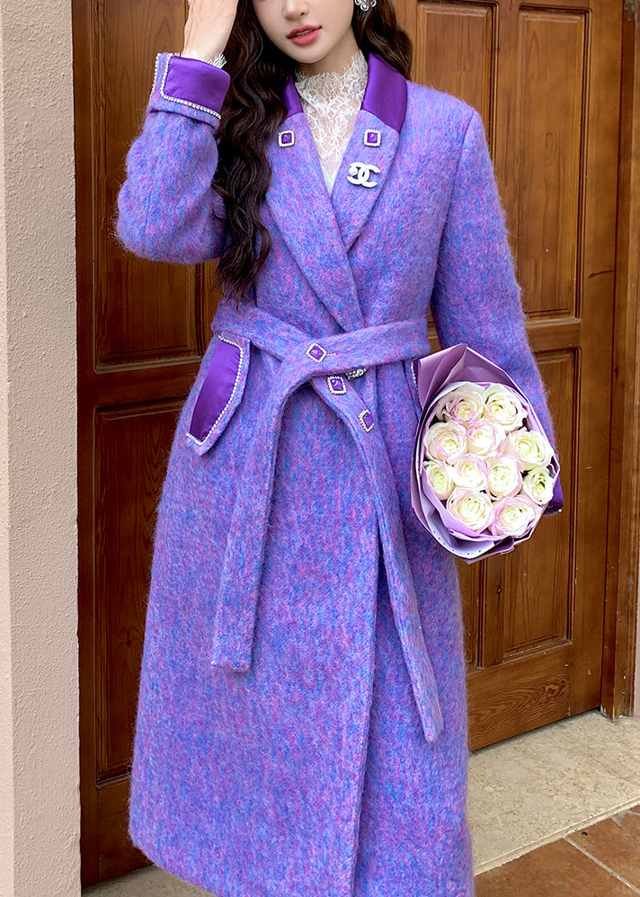 Loose Purple Notched Tie Waist Woolen Coats Winter