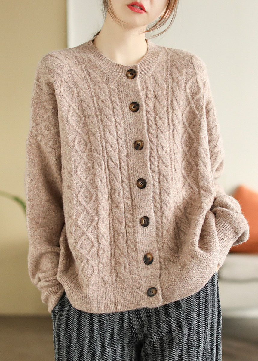 Loose Purple O Neck Button Cable Knit Cardigan Spring