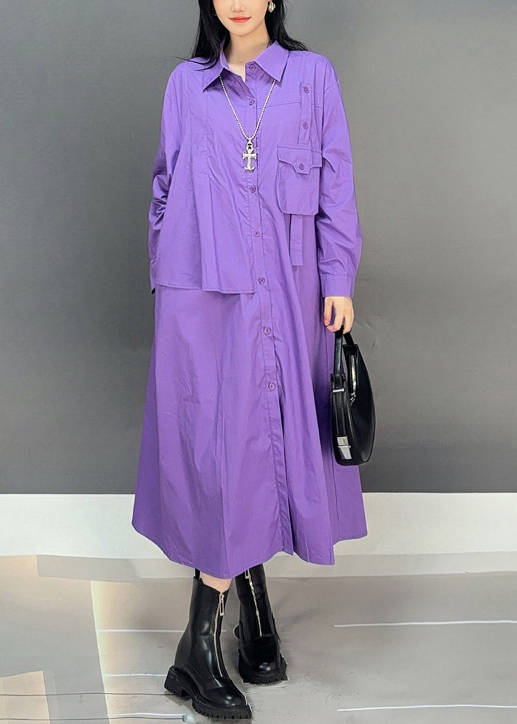 Loose Purple Peter Pan Collar Button Cotton Shirts Dress Fall