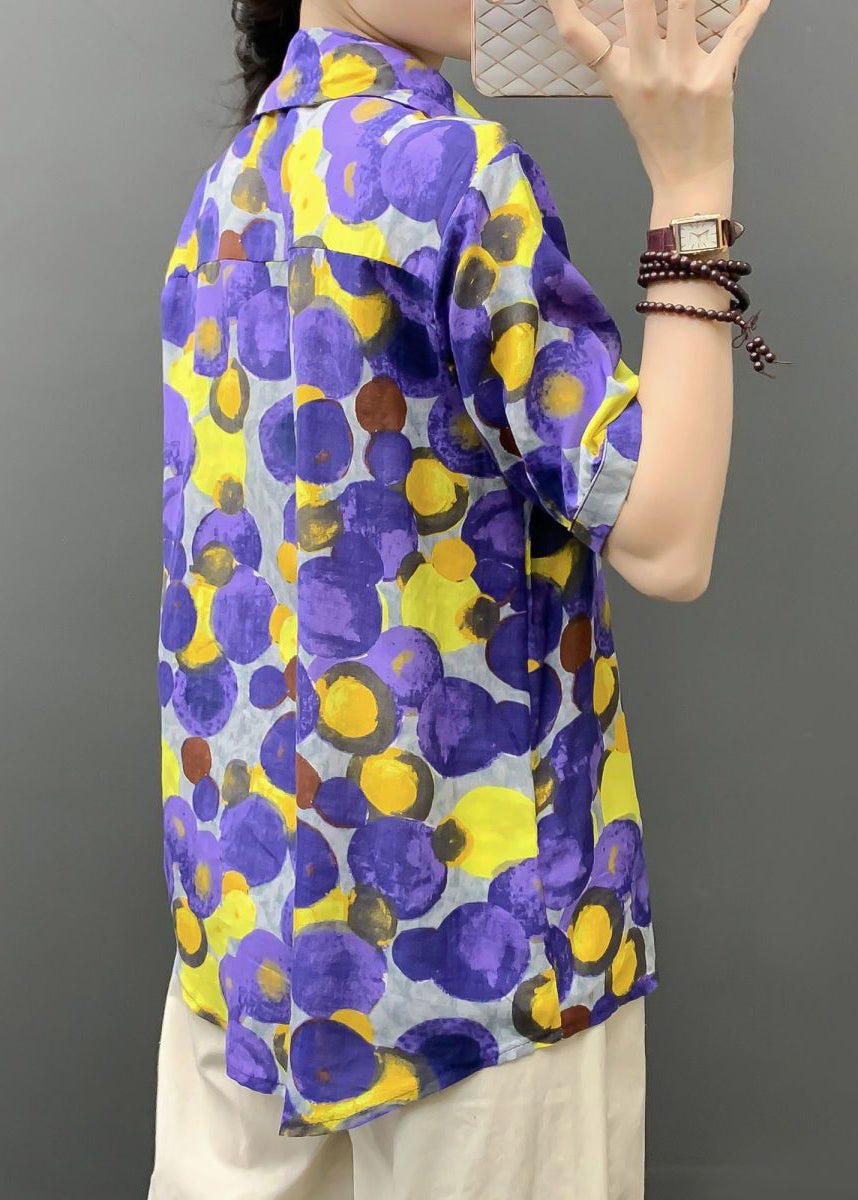 Loose Purple Peter Pan Collar Dot Cotton Shirts Summer