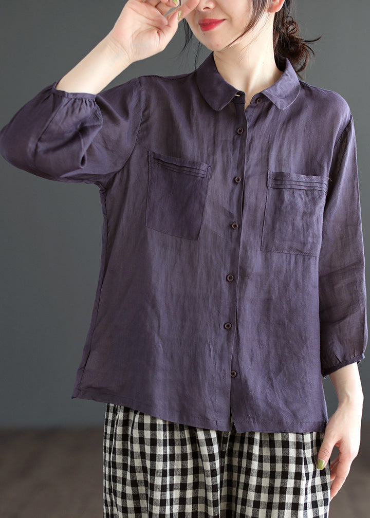 Loose Purple Peter Pan Collar Patchwork Button Solid Ramie Shirt Long Sleeve