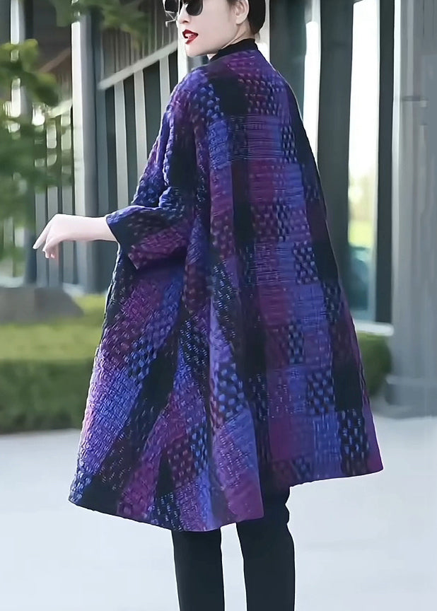 Loose Purple Plaid Button Patchwork Woolen Coat Winter