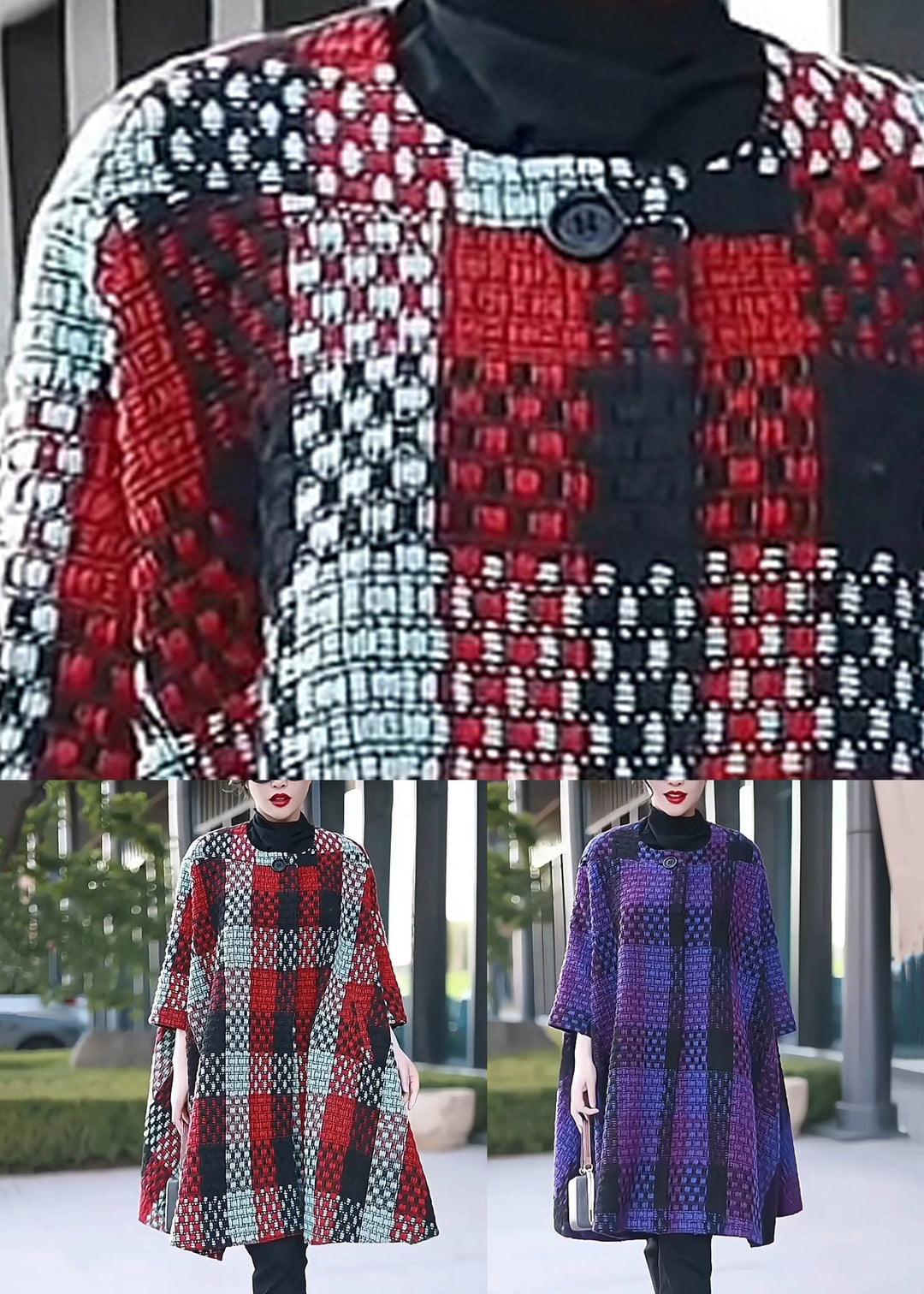 Loose Purple Plaid Button Patchwork Woolen Coat Winter