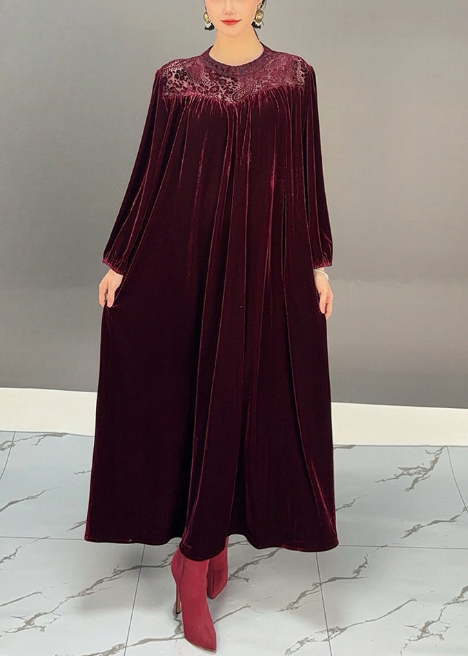 Loose Purple Red O Neck Solid Silk Velvet Maxi Dress Fall