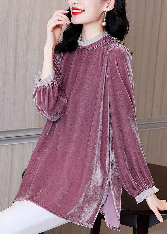 Loose Purple Ruffled Side Open Velour Tops Spring