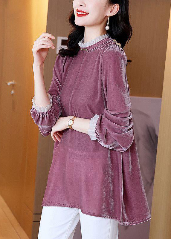 Loose Purple Ruffled Side Open Velour Tops Spring