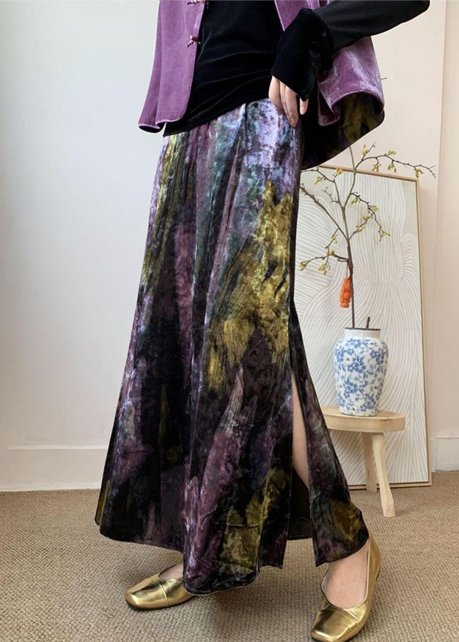 Loose Purple Tie Dye Side Open Elastic Waist Silk Velvet Skirts Spring