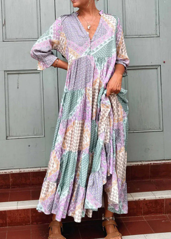 Loose Purple V Neck Patchwork Cotton Maxi Dresses Half Sleeve