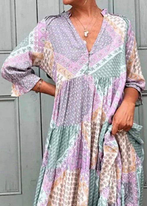 Loose Purple V Neck Patchwork Cotton Maxi Dresses Half Sleeve