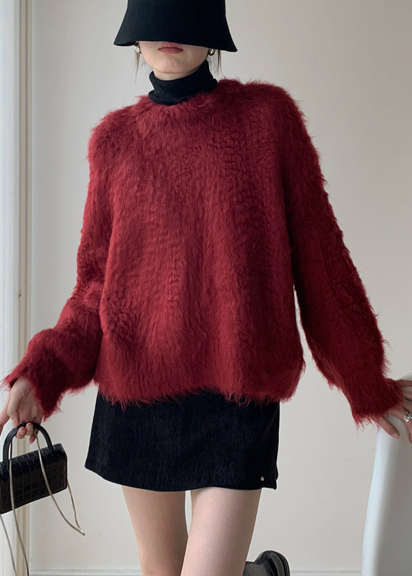 Loose Red Fluffy Solid Knit Sweater Winter