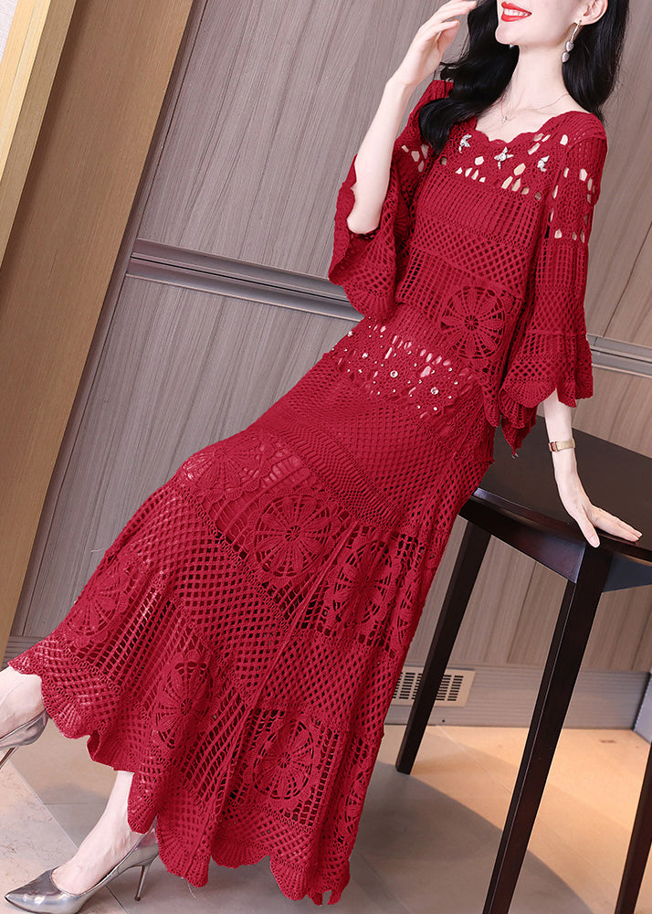 Loose Red Hollow Out Tops And Skirts Knit Two Pieces Set Flare Sleeve