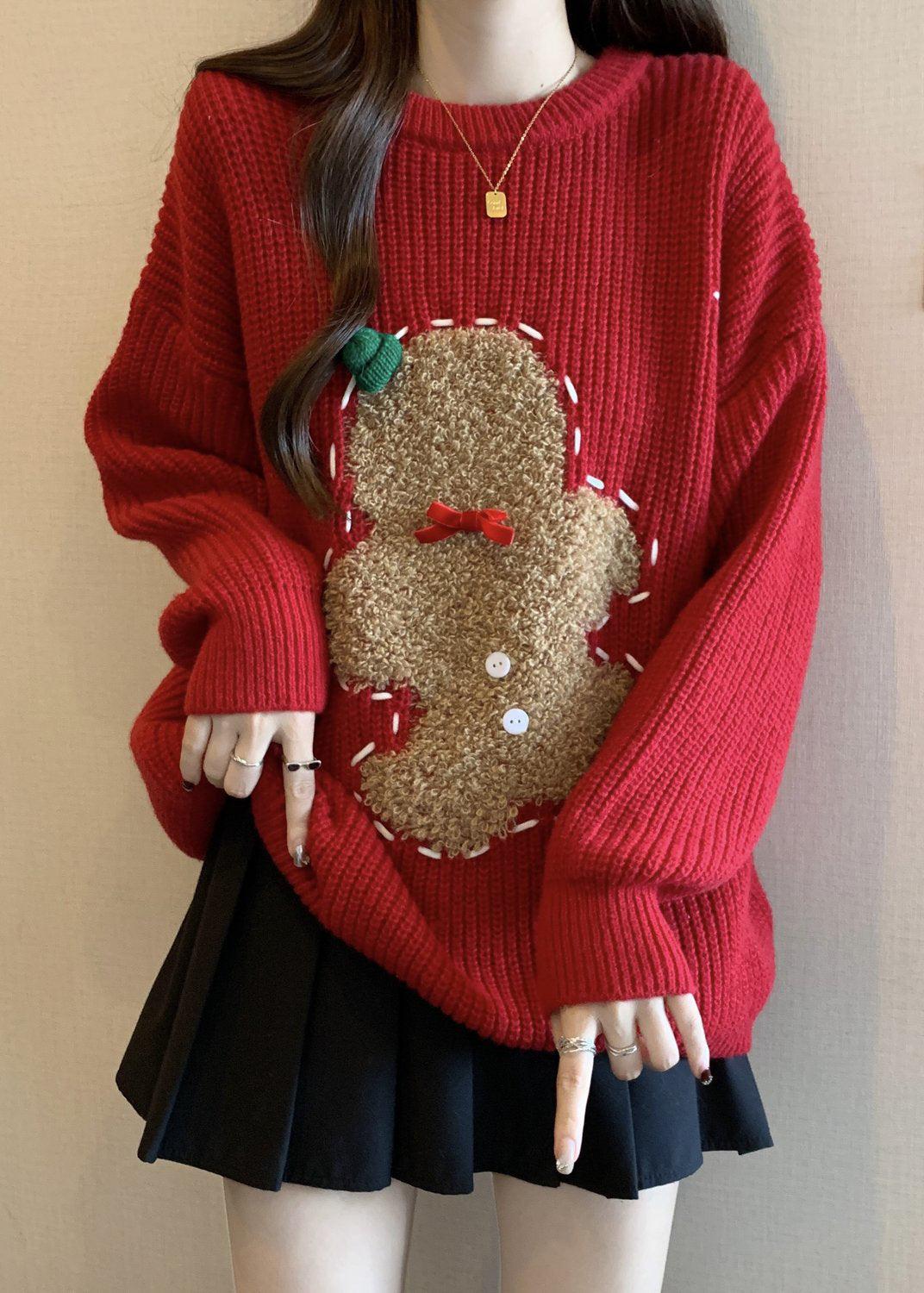 Loose Red O Neck Embroidered Thick Christmas Knit Sweater Winter