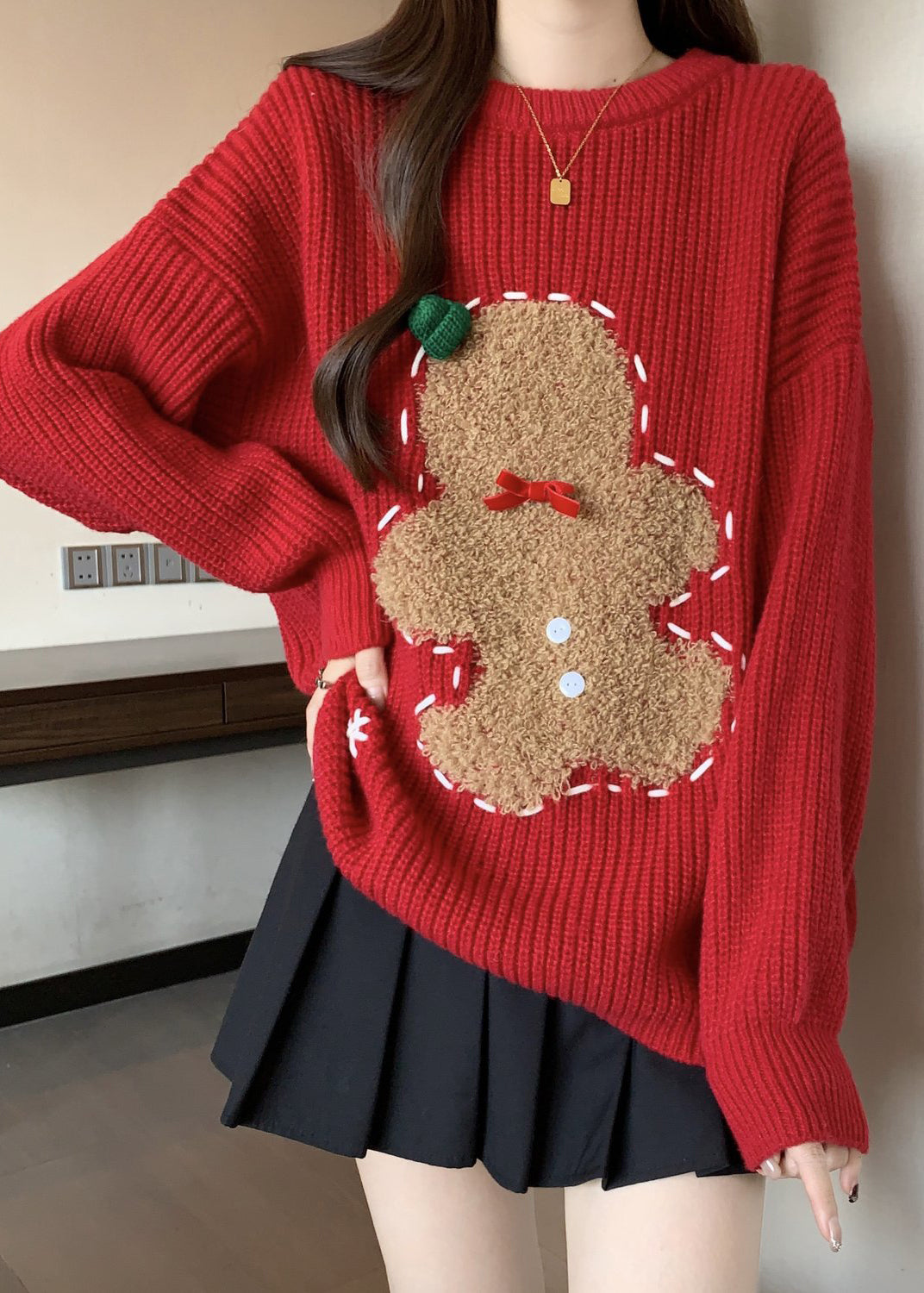 Loose Red O Neck Embroidered Thick Christmas Knit Sweater Winter