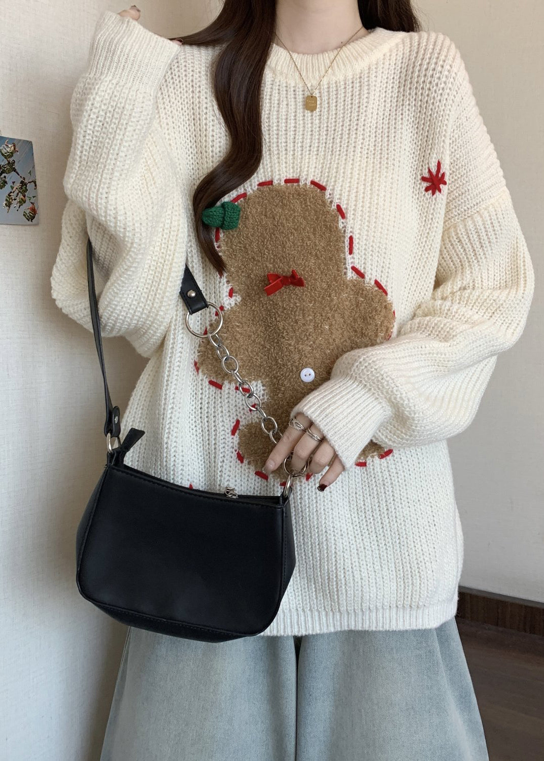 Loose Red O Neck Embroidered Thick Christmas Knit Sweater Winter