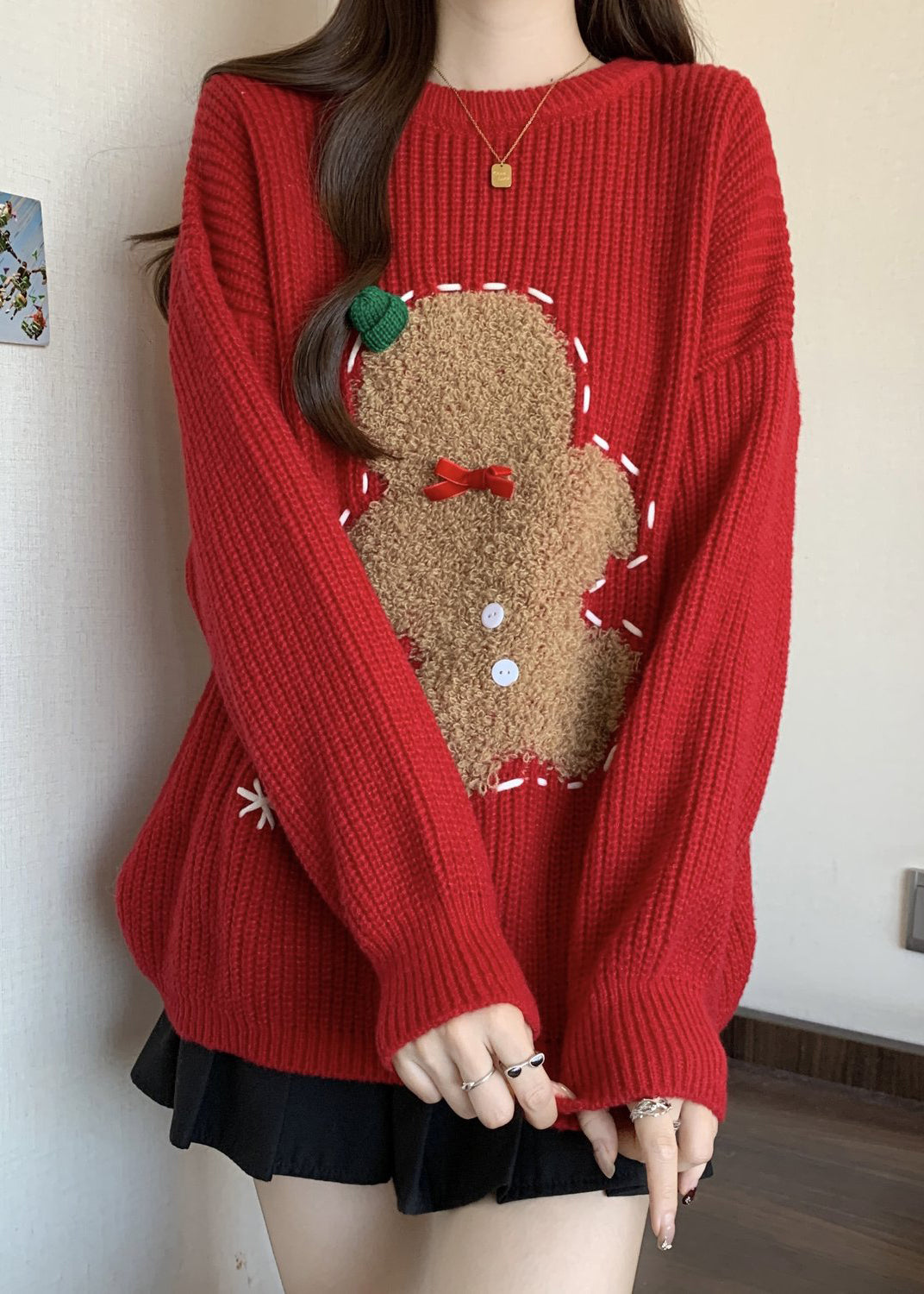 Loose Red O Neck Embroidered Thick Christmas Knit Sweater Winter