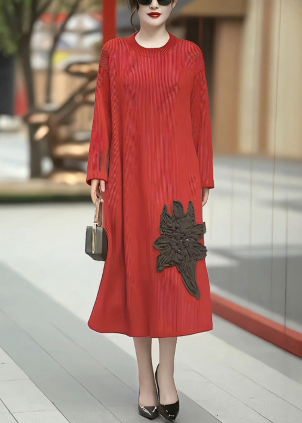 Loose Red O Neck High Waist Patchwork Knit Dress Winter