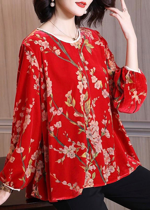 Loose Red O Neck Jacquard Velour Tops Long Sleeve