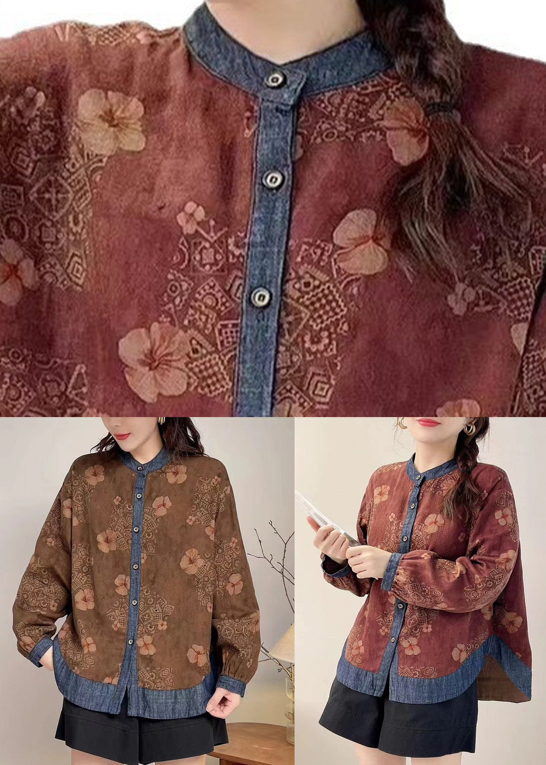 Loose Red Print Patchwork Shirt Spring