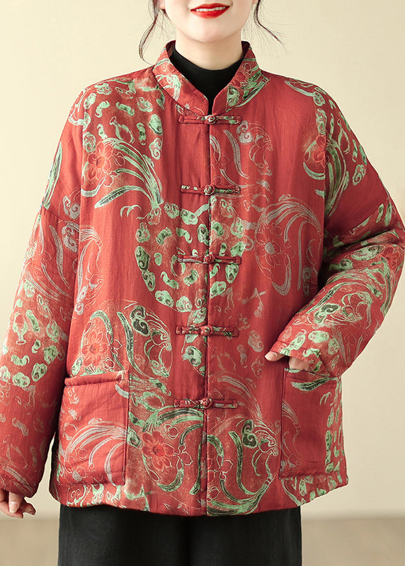 Loose Red Stand Collar Button Print Parka Winter