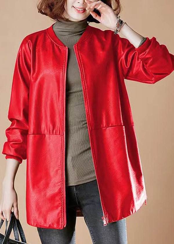 Loose Red Stand Collar Pockets Faux Leather Jackets Spring