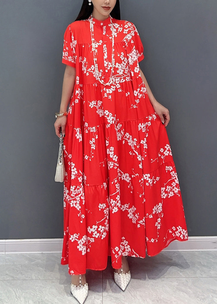 Loose Red Stand Collar Print Patchwork Long Dresses Summer