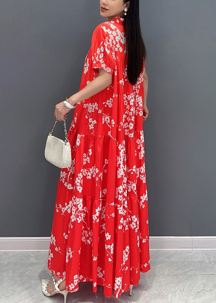 Loose Red Stand Collar Print Patchwork Long Dresses Summer