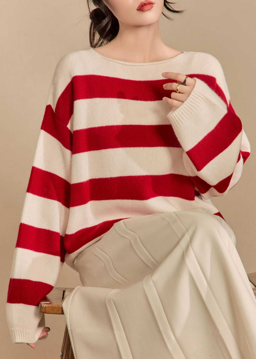 Loose Red Striped Cozy Knit Sweater Spring