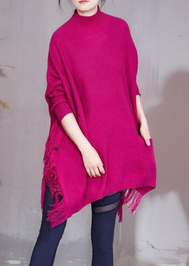 Loose Red Tasseled Pockets Knit Sweater Dress Spring