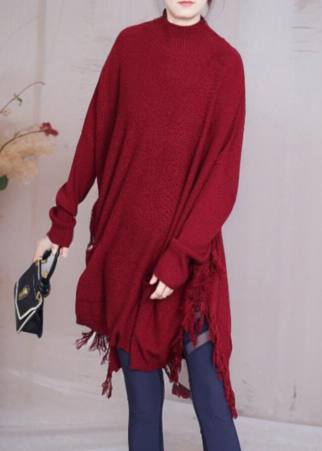 Loose Red Tasseled Pockets Knit Sweater Dress Spring