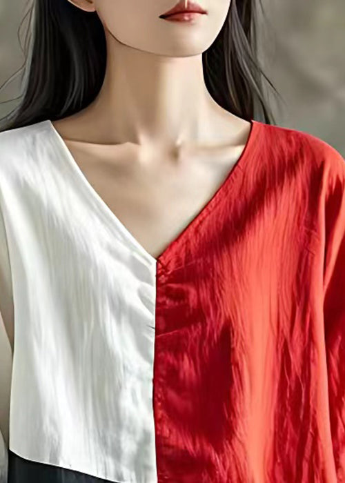 Loose Red V Neck Lace Up Linen Tops Half Sleeve